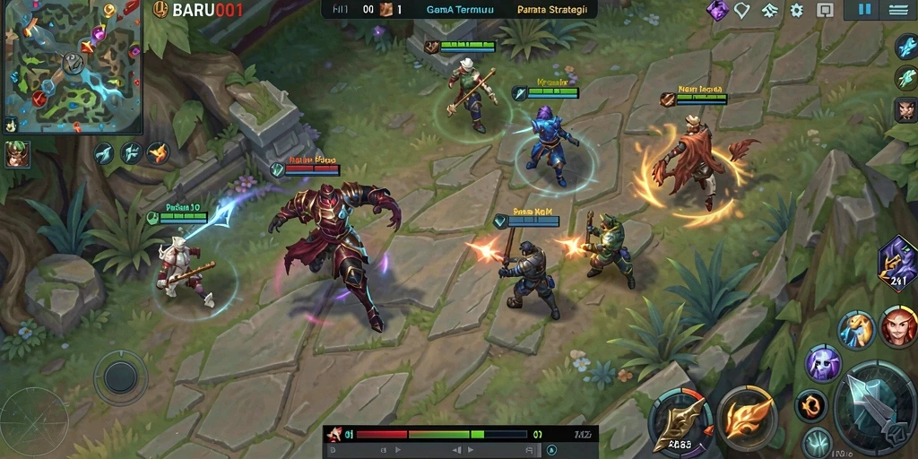 Tampilan gameplay seru dalam pertarungan MOBA yang dinamis.