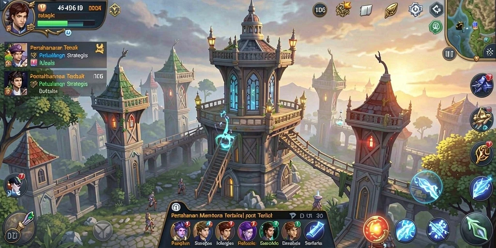 Screenshot gameplay D06 menampilkan serangan menara melawan gelombang musuh.