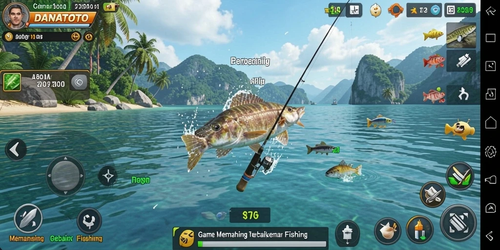 Tampilan gameplay DANATOTO yang menarik saat memancing di lokasi indah.