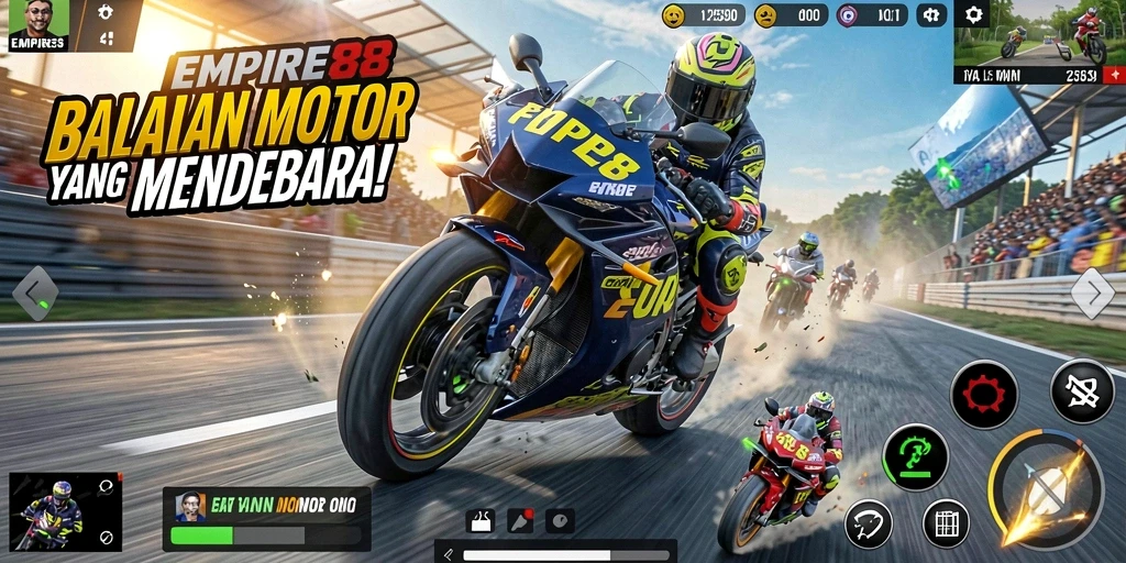 Tampilan gameplay seru dalam EMPIRE88 dengan balapan motor yang intens.