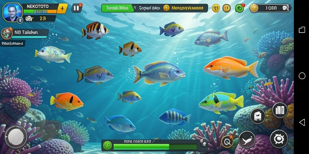 Visual gameplay seru di NEKOTOTO dengan aksi tembak ikan.