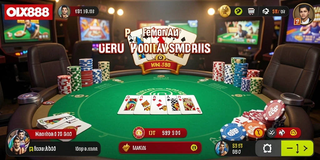 Tampilan gameplay seru OLX888 dengan pemain berinteraksi di meja poker.