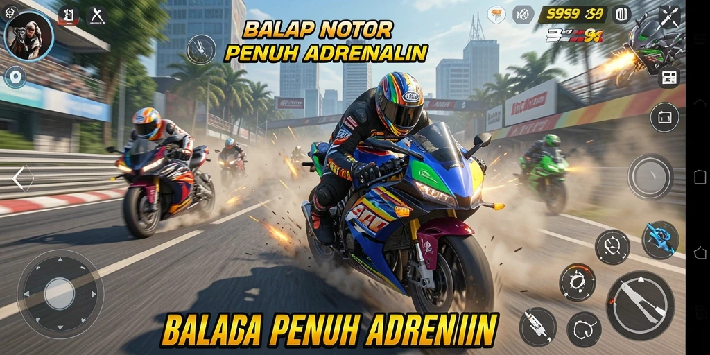 Screenshot S9S9 menampilkan aksi balap motor yang mendebarkan.