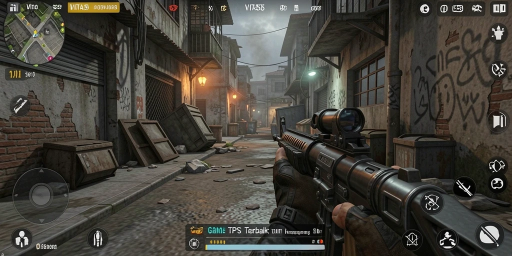 Screenshot gameplay VITA555 menampilkan aksi menegangkan dalam pertempuran TPS.